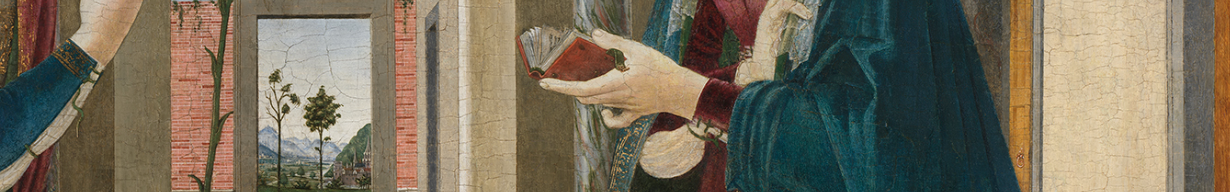 Detail of an early Renaissance painting: hands holding an open book beside a window